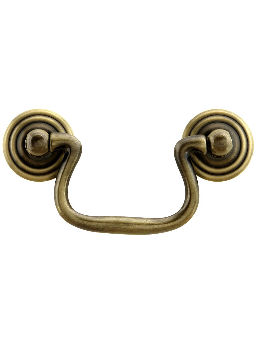 Swan-Neck Brass Bail Pull with Ringed Round Rosettes - 2 1/2-Inch Center-to-Center